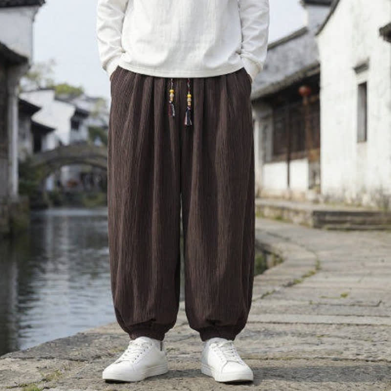 Buddha Stones Spring Fall Casual Vintage Drawstring Solid Ankle Pants Men's Harem Pants With Pockets - image 2