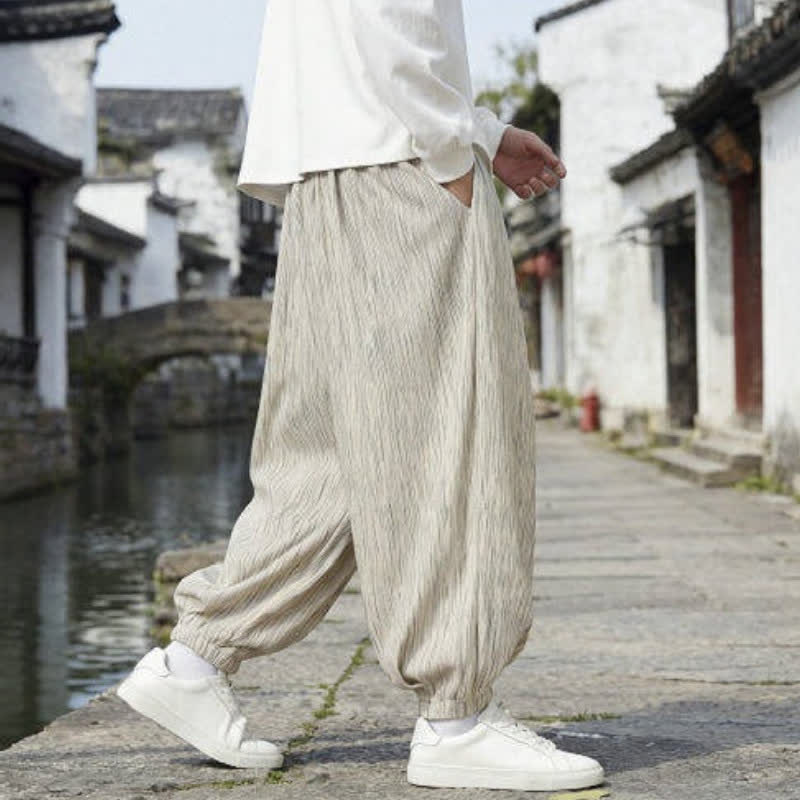 Buddha Stones Spring Fall Casual Vintage Drawstring Solid Ankle Pants Men's Harem Pants With Pockets - image 24