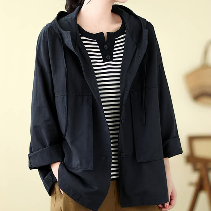 Buddha Stones Fall Casual Minimalist Drawstring Solid Women's Jacket With Pocket - image 11