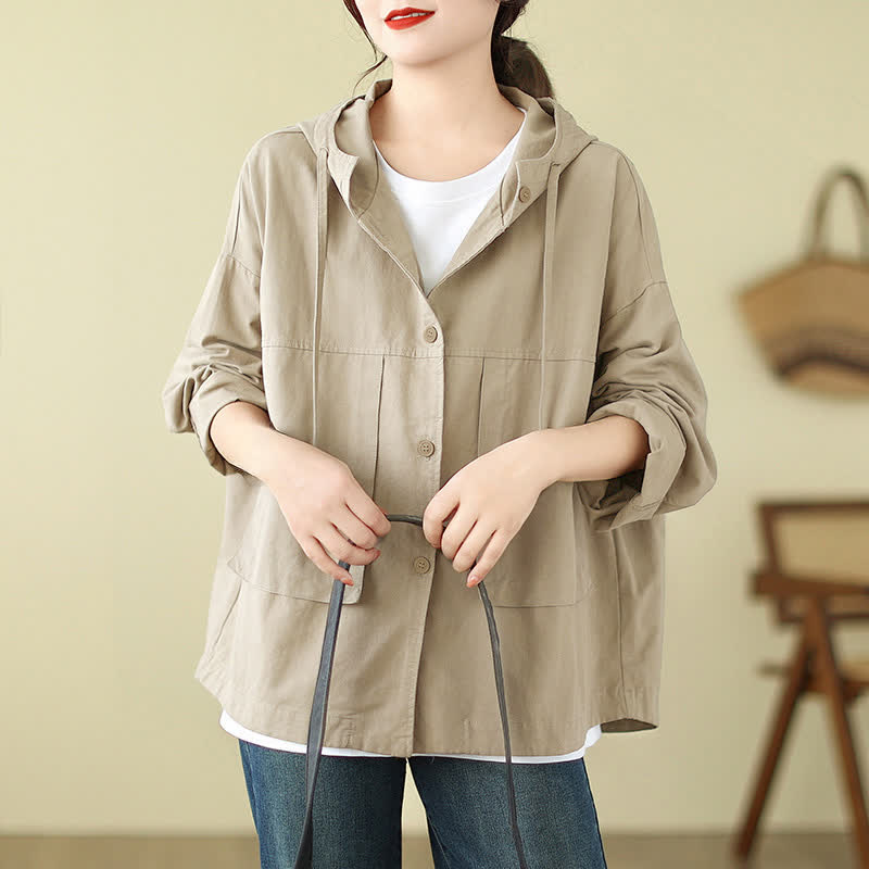 Buddha Stones Fall Casual Minimalist Drawstring Solid Women's Jacket With Pocket - Tan - US12, UK/AU16, EU44 (XL) - image 0