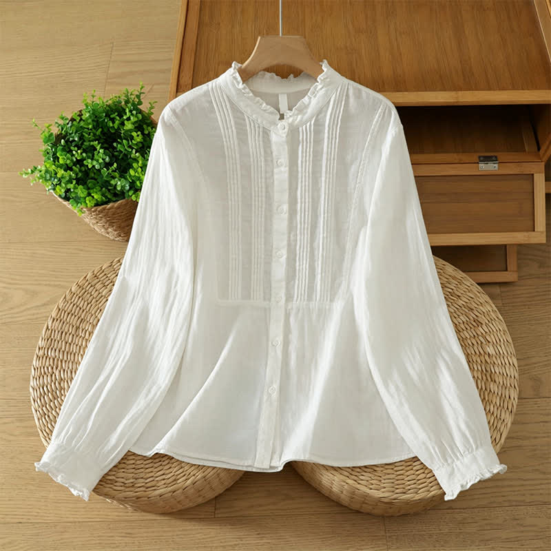 Buddha Stones Fall Vintage Elegant Button-Up Pleats Solid Cotton Women's Long Sleeve Shirts - White - US12, UK/AU16, EU44 (2XL) - image 8
