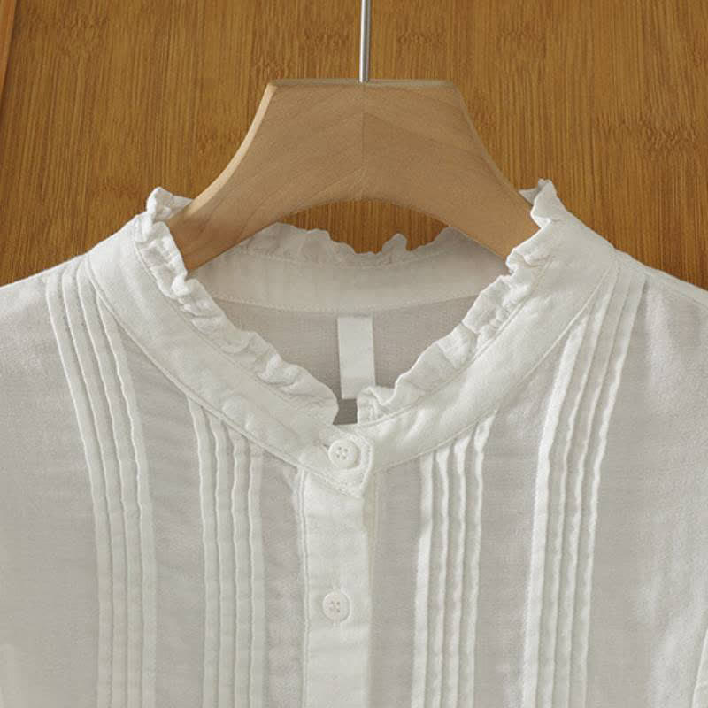 Buddha Stones Fall Vintage Elegant Button-Up Pleats Solid Cotton Women's Long Sleeve Shirts - image 10