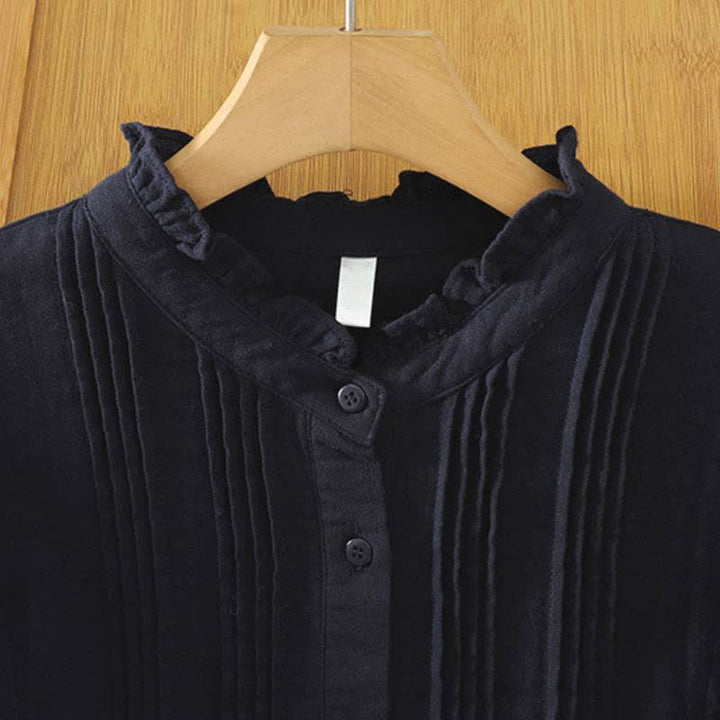 Buddha Stones Fall Vintage Elegant Button-Up Pleats Solid Cotton Women's Long Sleeve Shirts - image 5