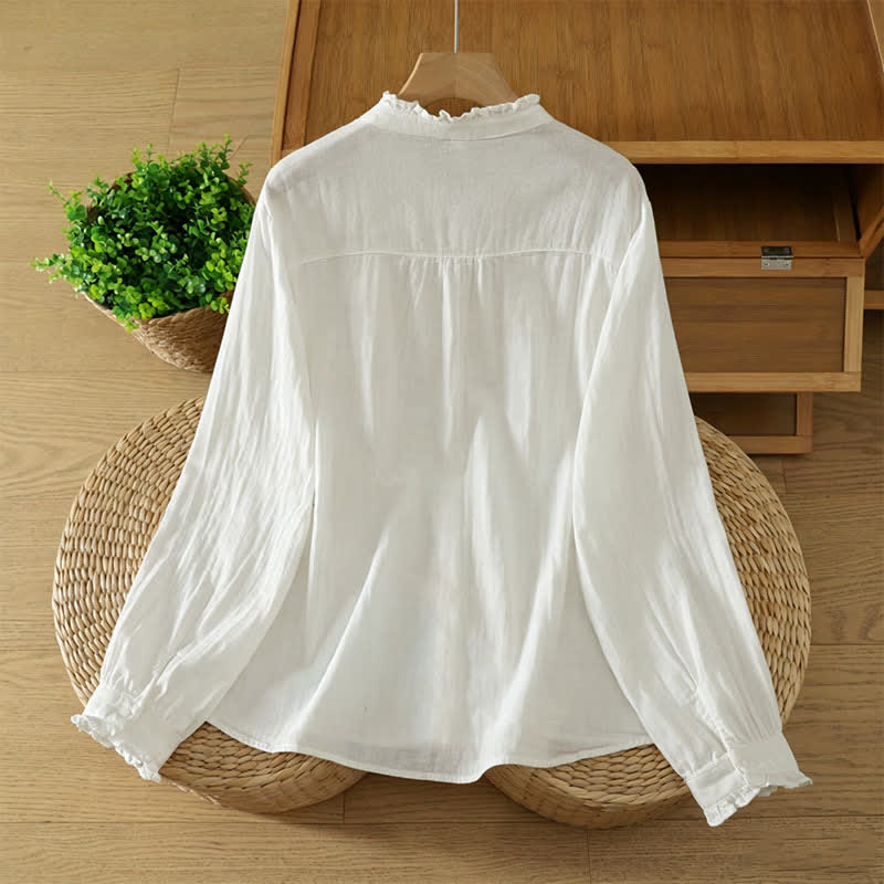 Buddha Stones Fall Vintage Elegant Button-Up Pleats Solid Cotton Women's Long Sleeve Shirts - image 9
