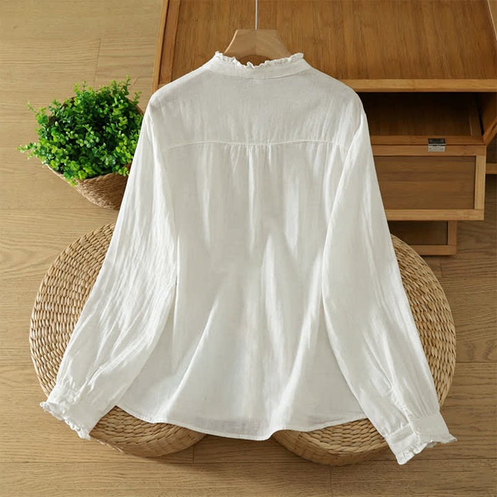 Buddha Stones Fall Vintage Elegant Button-Up Pleats Solid Cotton Women's Long Sleeve Shirts - image 9