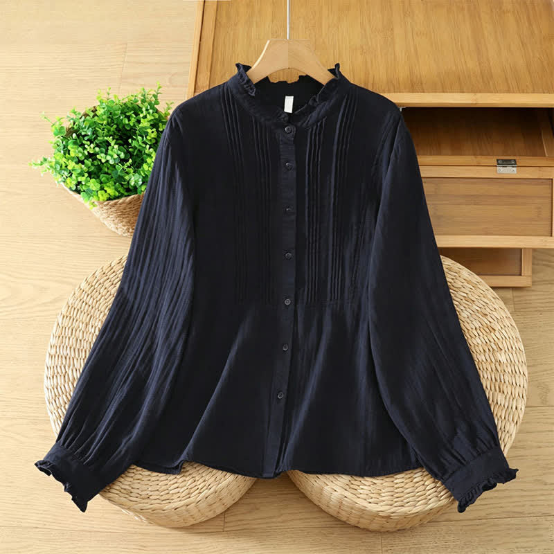 Buddha Stones Fall Vintage Elegant Button-Up Pleats Solid Cotton Women's Long Sleeve Shirts - MidnightBlue - US12, UK/AU16, EU44 (2XL) - image 4