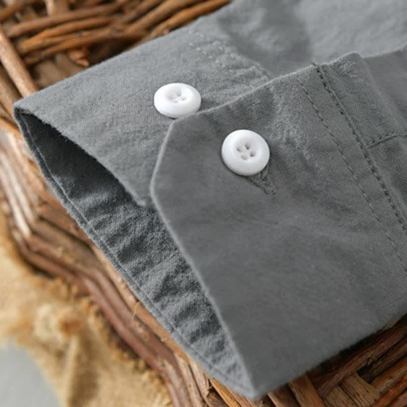 Buddha Stones Spring Casual Minimalist Button-Up Solid Cotton Men's Long Sleeve Shirts - image 5