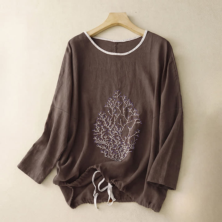 Buddha Stones Casual Embroidery Tree Drawstring Women's Crew Neck Design Half Sleeve T-Shirt - SaddleBrown - Long Sleeve - US14，UK/AU18，EU46 (2XL) - image 40
