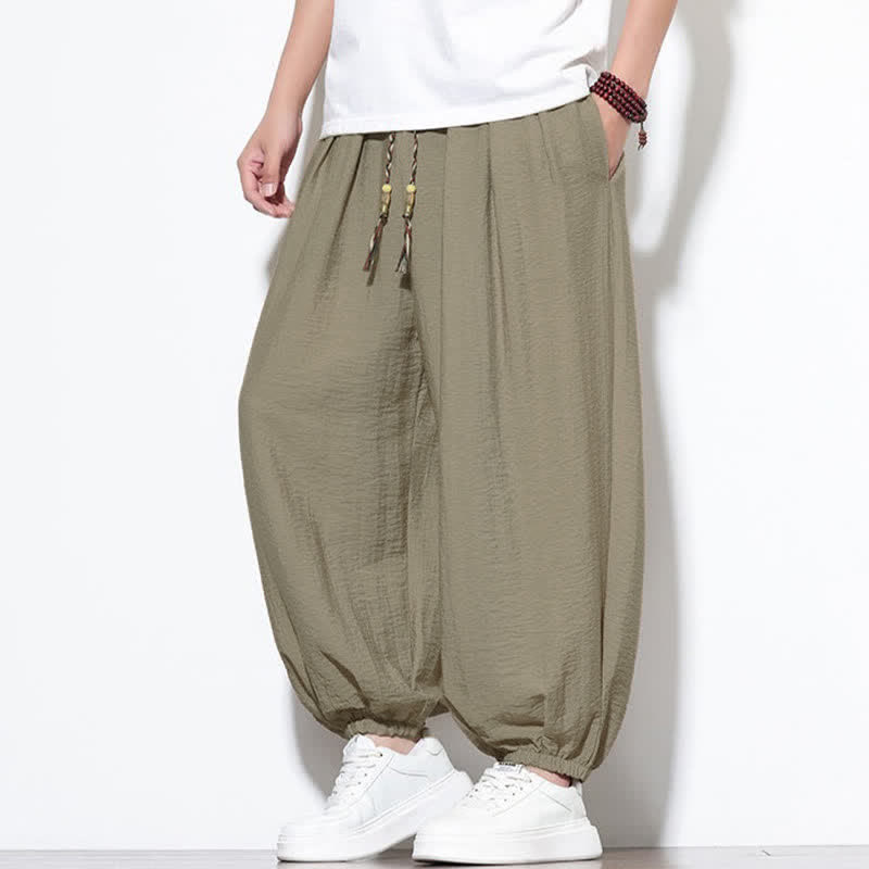 Buddha Stones Summer Casual Boho Drawstring Solid Cropped Pants Men's Harem Pants With Pocket - image 33