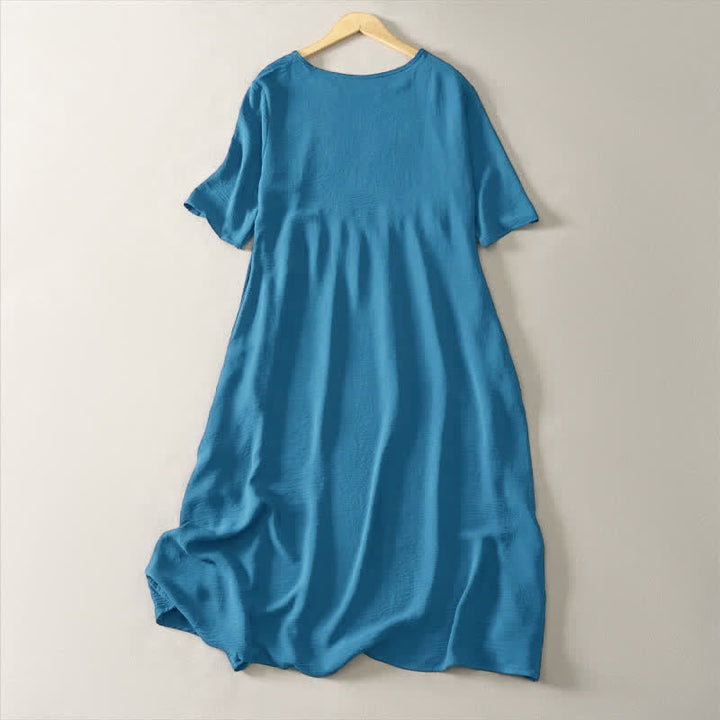 Buddha Stones Summer Casual Minimalist Solid Women's Short Sleeve Dresses With Pocket - image 1