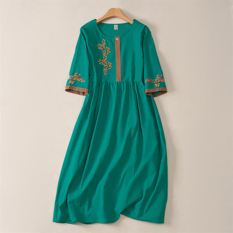 Buddha Stones Spring Ethnic Embroidery Half Sleeve Women's Midi Dress - Teal - US12，UK/AU16，EU44 (2XL) - image 13