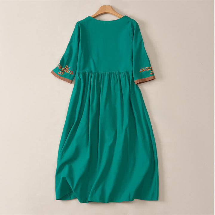 Buddha Stones Spring Ethnic Embroidery Half Sleeve Women's Midi Dress - image 14