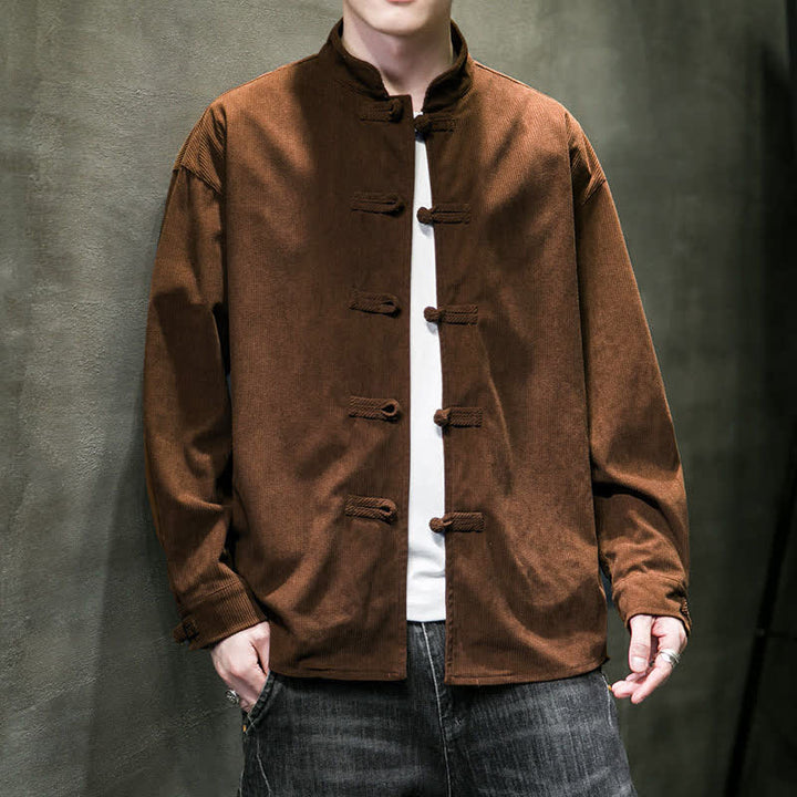 Buddha Stones Fall Winter Casual Tang Style Frog Button Solid Cotton Men's Jacket - Sienna - US/UK/AU46，EU56 (5XL) - image 0