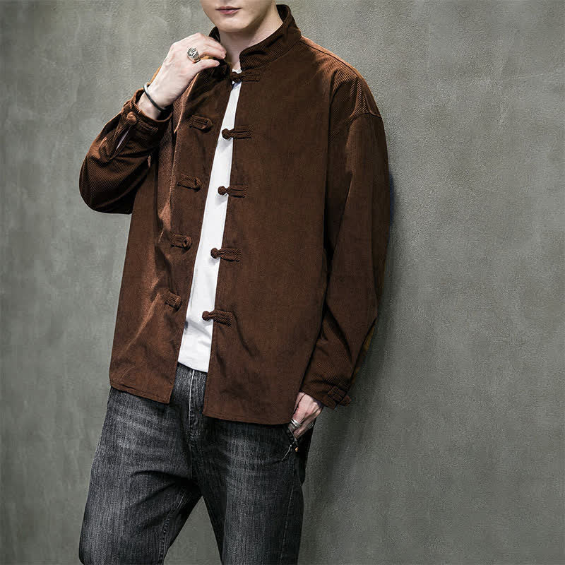 Buddha Stones Fall Winter Casual Tang Style Frog Button Solid Cotton Men's Jacket - image 9