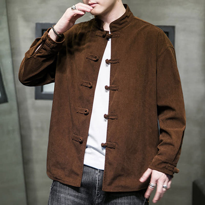 Buddha Stones Fall Winter Casual Tang Style Frog Button Solid Cotton Men's Jacket - image 6