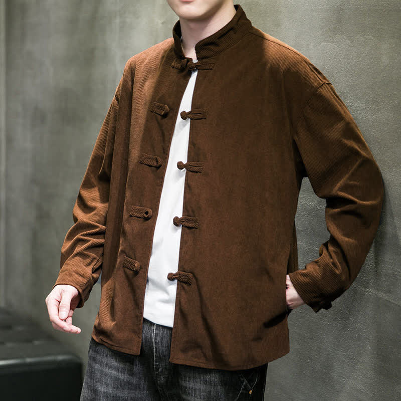 Buddha Stones Fall Winter Casual Tang Style Frog Button Solid Cotton Men's Jacket - image 2