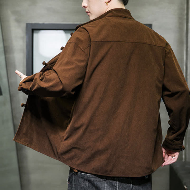 Buddha Stones Fall Winter Casual Tang Style Frog Button Solid Cotton Men's Jacket - image 4
