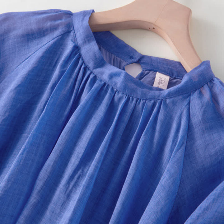Buddha Stones Plain Drawstring Three Quarter Puff Sleeve Midi Dress With Pockets - image 3