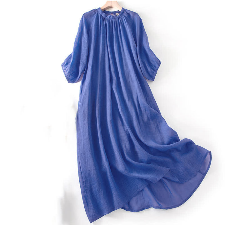 Buddha Stones Plain Drawstring Three Quarter Puff Sleeve Midi Dress With Pockets - image 2