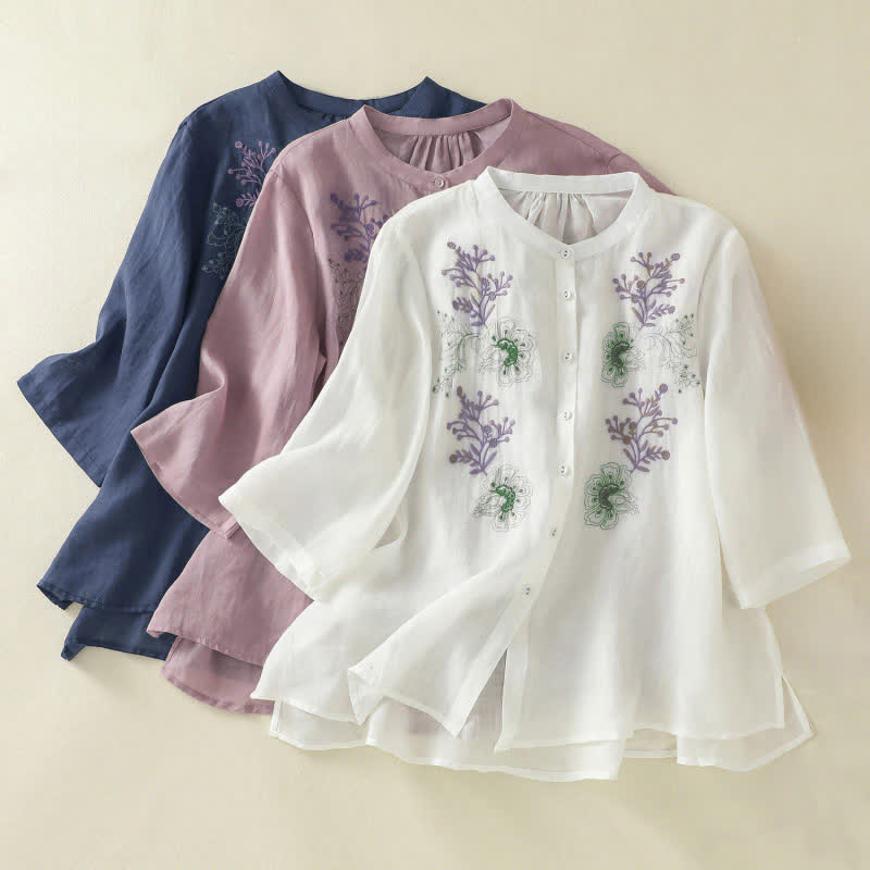 Buddha Stones Embroidery Pleated Design Stand Collar Three Quarter Sleeve Side Slit Hem Women's Shirt - image 25