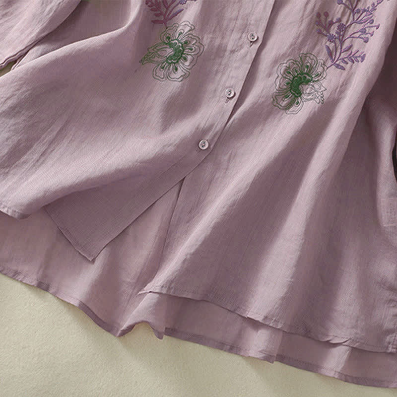 Buddha Stones Embroidery Pleated Design Stand Collar Three Quarter Sleeve Side Slit Hem Women's Shirt - image 13
