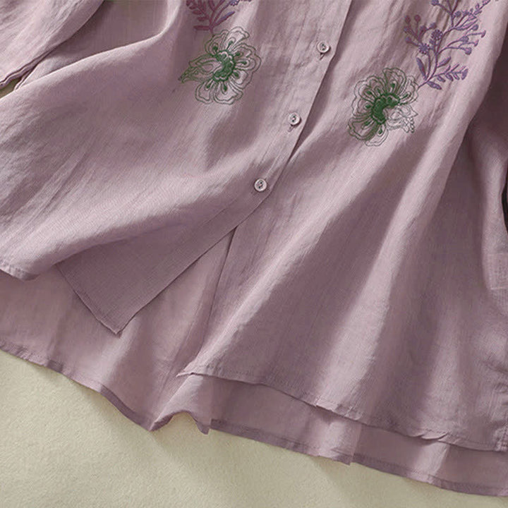 Buddha Stones Embroidery Pleated Design Stand Collar Three Quarter Sleeve Side Slit Hem Women's Shirt - image 13