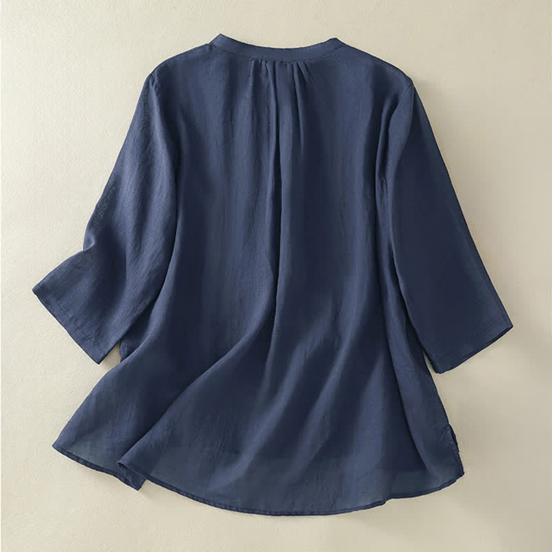 Buddha Stones Embroidery Pleated Design Stand Collar Three Quarter Sleeve Side Slit Hem Women's Shirt - image 1