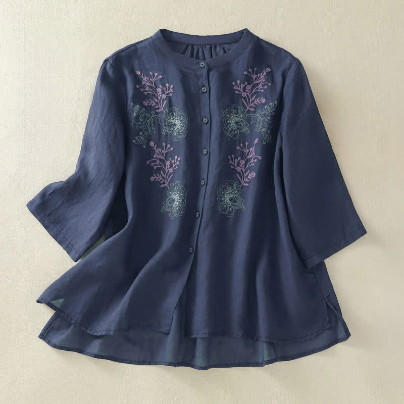 Buddha Stones Embroidery Pleated Design Stand Collar Three Quarter Sleeve Side Slit Hem Women's Shirt - MidnightBlue - US8-10，UK/AU12-14，EU40-42 (2XL) - image 0