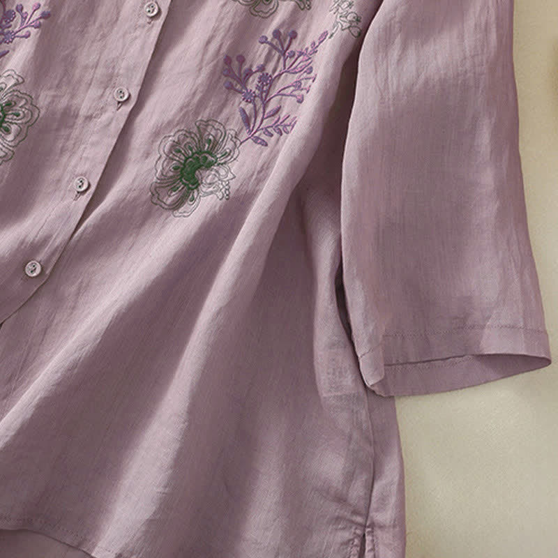 Buddha Stones Embroidery Pleated Design Stand Collar Three Quarter Sleeve Side Slit Hem Women's Shirt - image 12