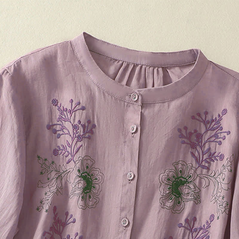 Buddha Stones Embroidery Pleated Design Stand Collar Three Quarter Sleeve Side Slit Hem Women's Shirt - image 9