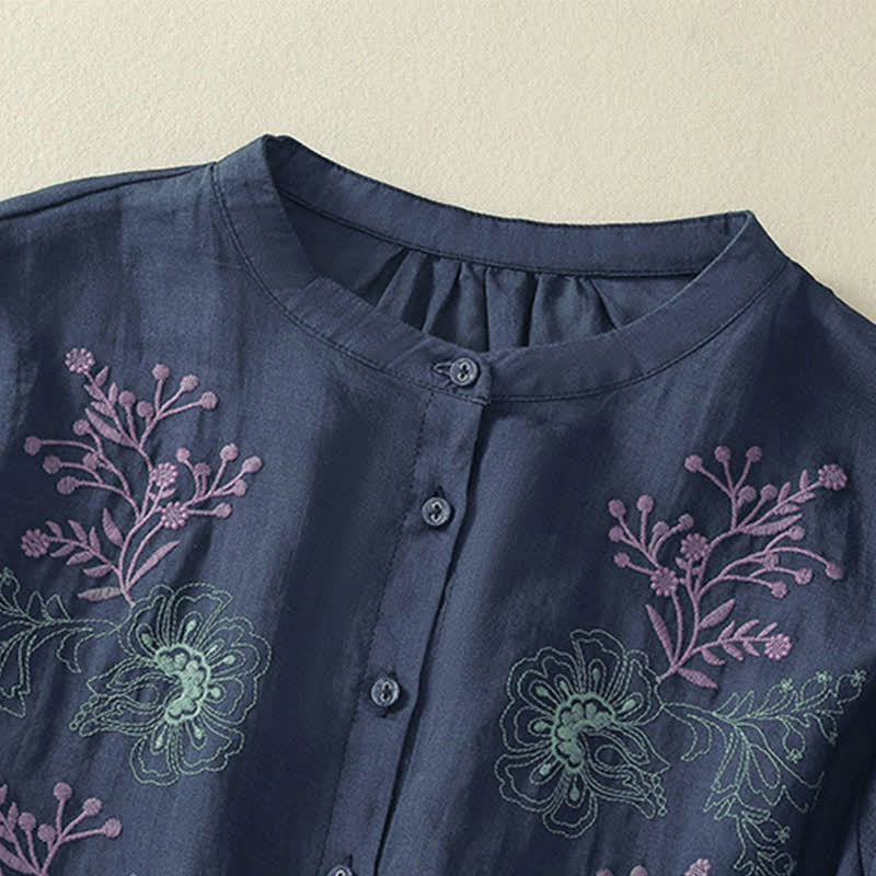 Buddha Stones Embroidery Pleated Design Stand Collar Three Quarter Sleeve Side Slit Hem Women's Shirt - image 2
