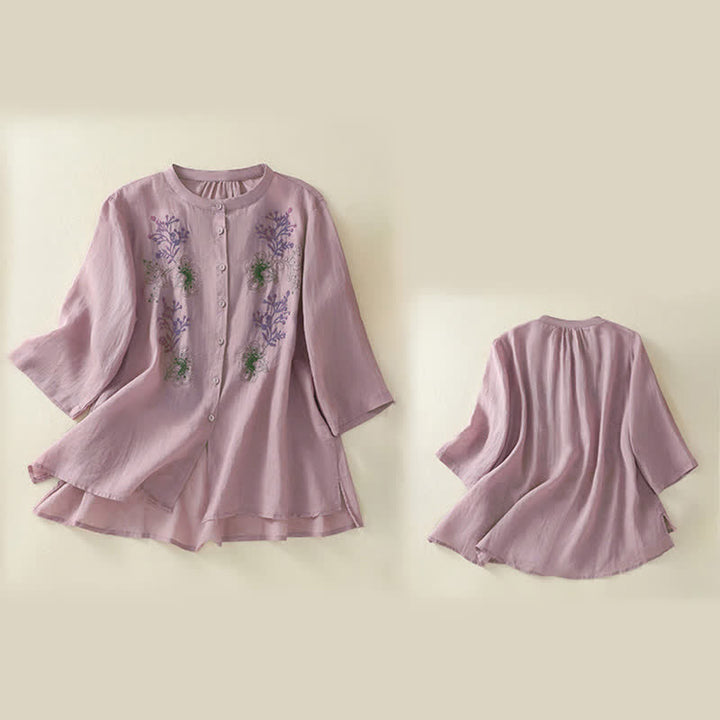 Buddha Stones Embroidery Pleated Design Stand Collar Three Quarter Sleeve Side Slit Hem Women's Shirt - image 15