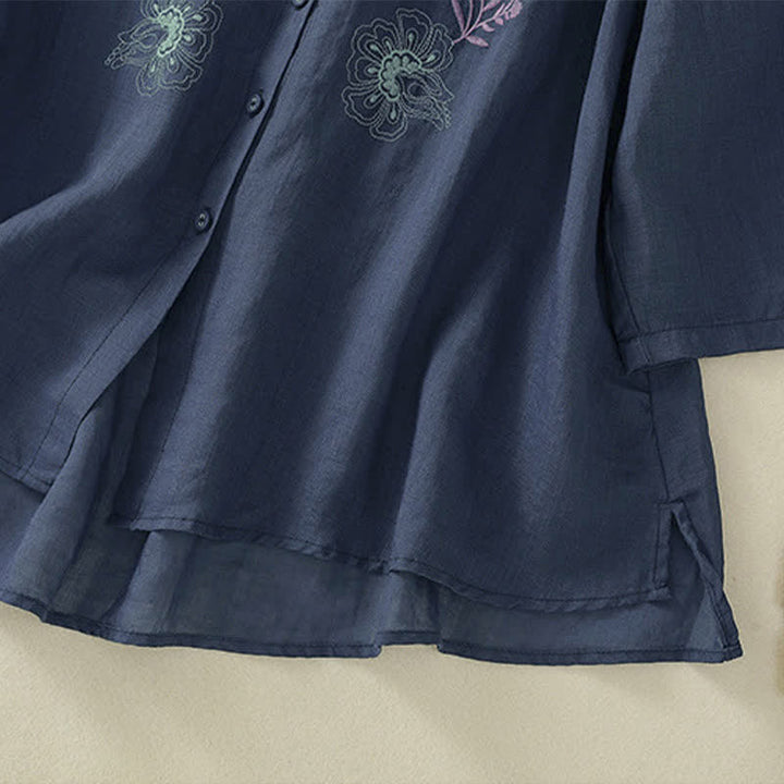 Buddha Stones Embroidery Pleated Design Stand Collar Three Quarter Sleeve Side Slit Hem Women's Shirt - image 6