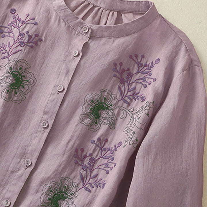 Buddha Stones Embroidery Pleated Design Stand Collar Three Quarter Sleeve Side Slit Hem Women's Shirt - image 11
