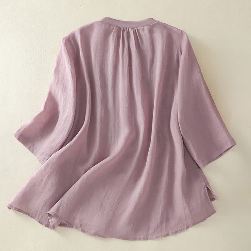 Buddha Stones Embroidery Pleated Design Stand Collar Three Quarter Sleeve Side Slit Hem Women's Shirt - image 8
