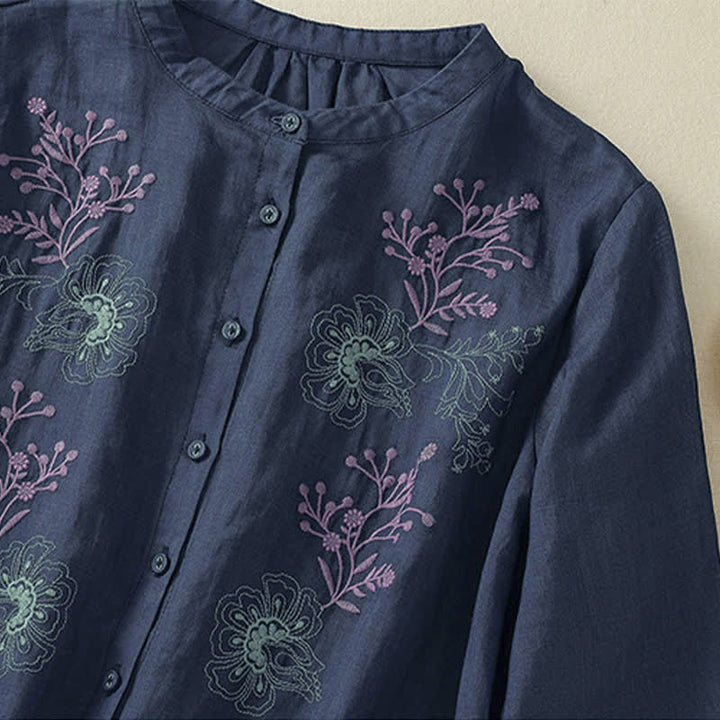 Buddha Stones Embroidery Pleated Design Stand Collar Three Quarter Sleeve Side Slit Hem Women's Shirt - image 4