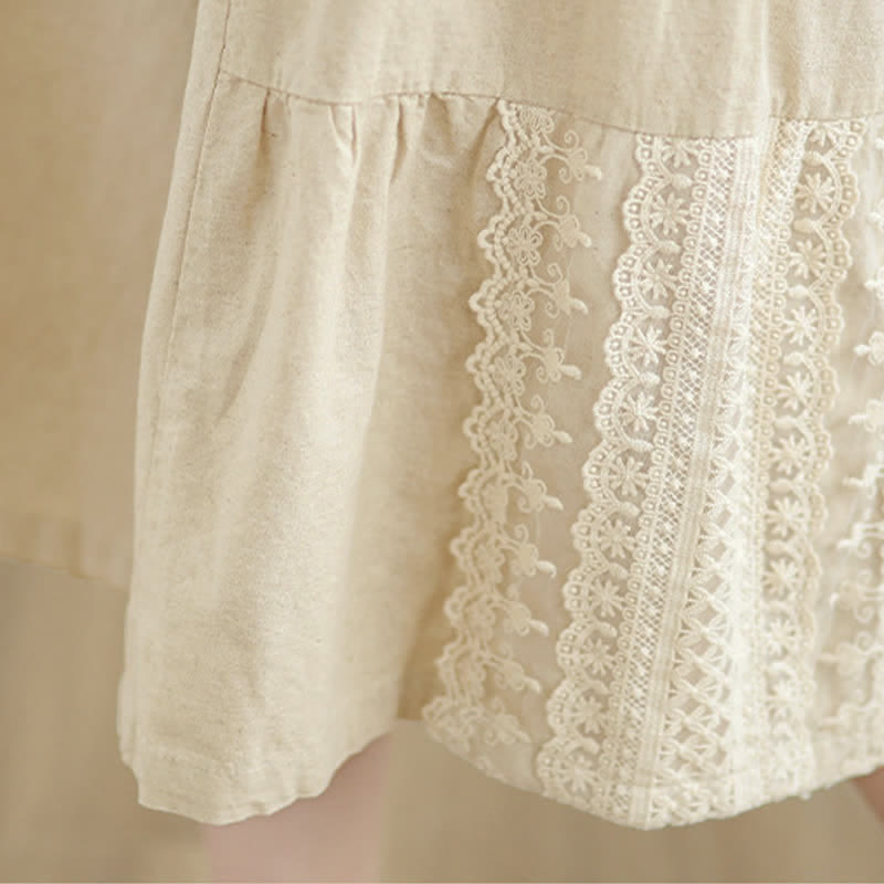 Buddha Stones Casual Plain Lace Splicing Cotton Women's Cropped Wide Leg Pants With Pockets - image 10