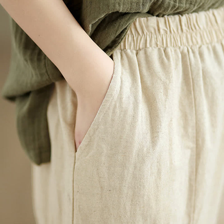 Buddha Stones Casual Plain Lace Splicing Cotton Women's Cropped Wide Leg Pants With Pockets - image 7