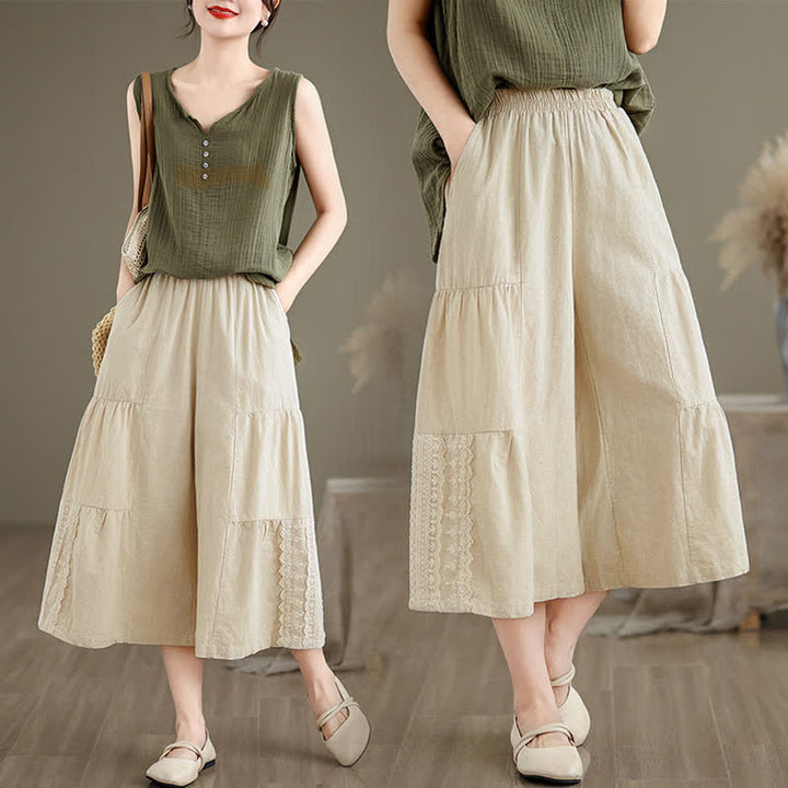 Buddha Stones Casual Plain Lace Splicing Cotton Women's Cropped Wide Leg Pants With Pockets - image 6