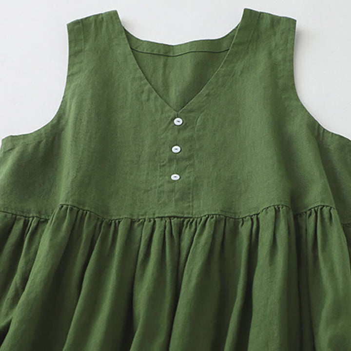 Buddha Stones Daily Casual Pure Color V-Neck Simple Buttons Design Sleeveless Midi Dress - image 11