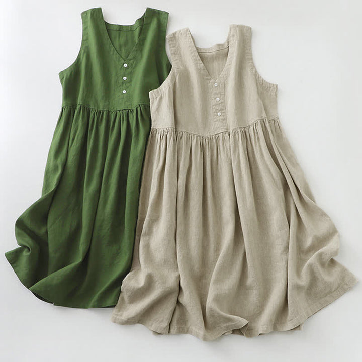 Buddha Stones Daily Casual Pure Color V-Neck Simple Buttons Design Sleeveless Midi Dress - image 16