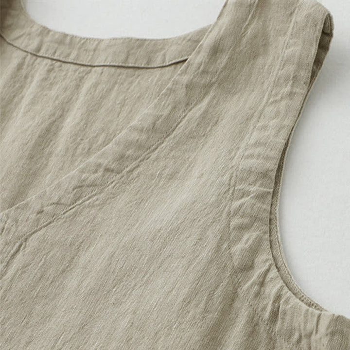 Buddha Stones Daily Casual Pure Color V-Neck Simple Buttons Design Sleeveless Midi Dress - image 6