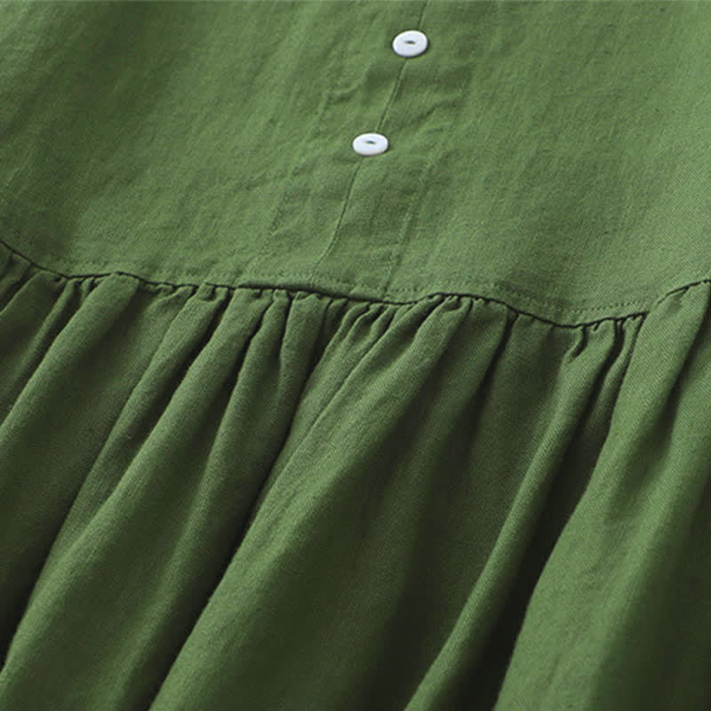 Buddha Stones Daily Casual Pure Color V-Neck Simple Buttons Design Sleeveless Midi Dress - image 12