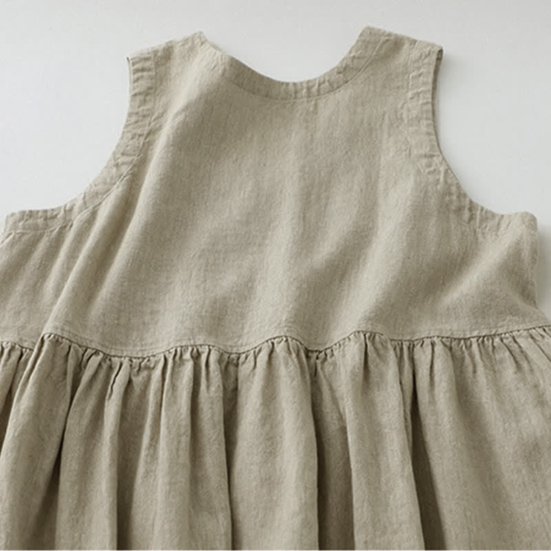 Buddha Stones Daily Casual Pure Color V-Neck Simple Buttons Design Sleeveless Midi Dress - image 3