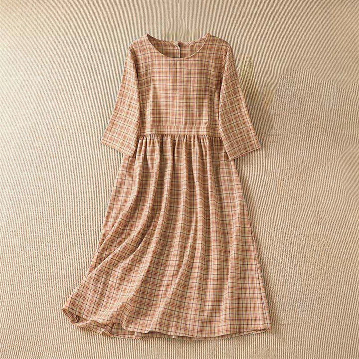 Buddha Stones Summer Casual Vintage Plaid Women's Three-Quarter Sleeve Dress With Pocket - image 2