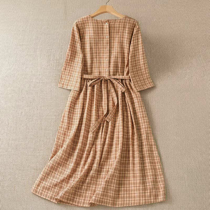 Buddha Stones Summer Casual Vintage Plaid Women's Three-Quarter Sleeve Dress With Pocket - image 1