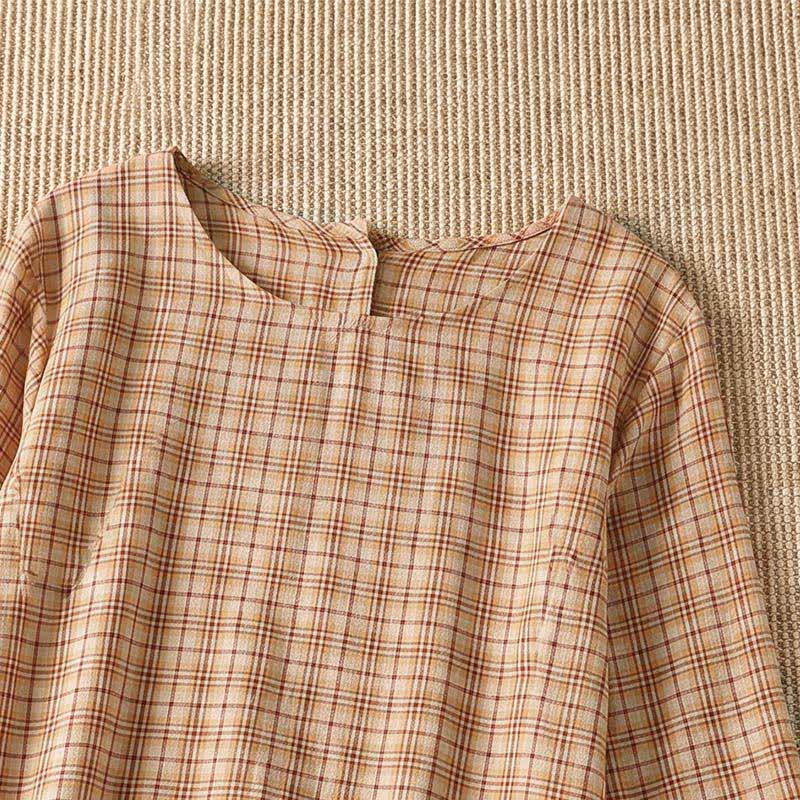 Buddha Stones Summer Casual Vintage Plaid Women's Three-Quarter Sleeve Dress With Pocket - image 4