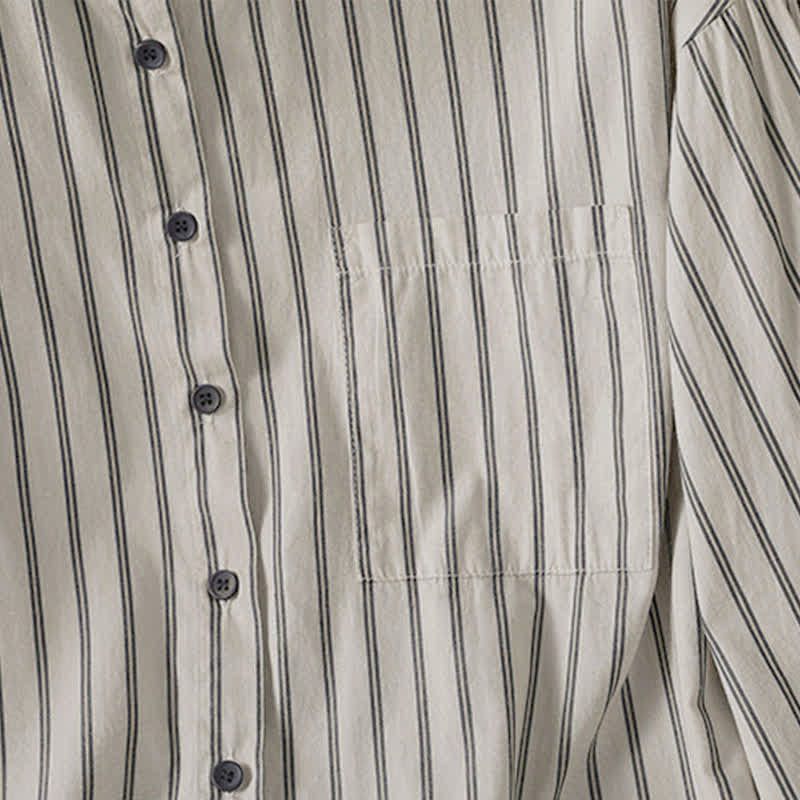 Buddha Stones Spring Summer Casual Minimalist Button-Up Striped Contrast Trim Women's Long Sleeve Shirts With Patch Pocket - image 6