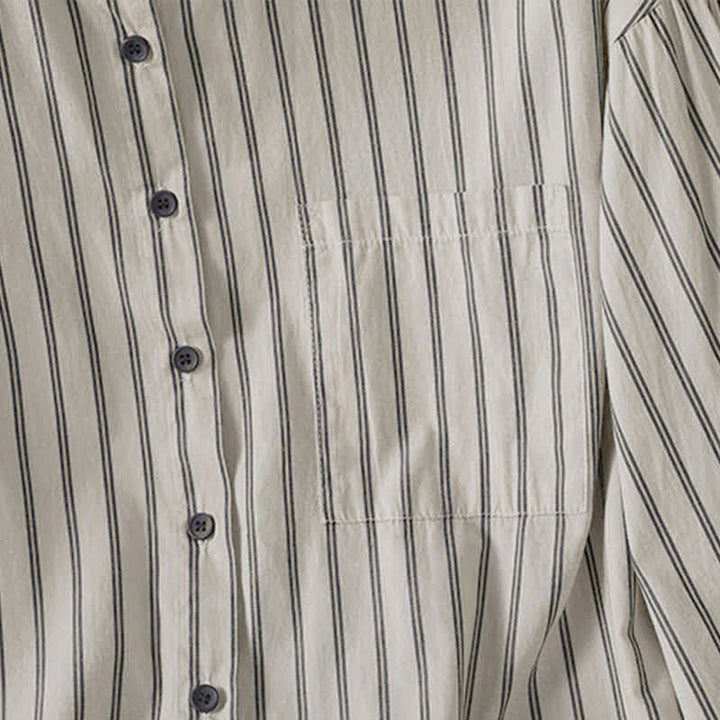 Buddha Stones Spring Summer Casual Minimalist Button-Up Striped Contrast Trim Women's Long Sleeve Shirts With Patch Pocket - image 6