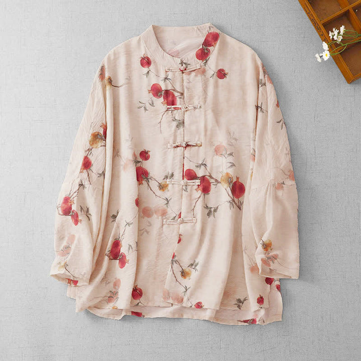 Buddha Stones Summer Tang Style Vintage Frog Button Pomegranate Print Women's Long Sleeve Shirts - Beige - US14, UK/AU18, EU46 (2XL) - image 0